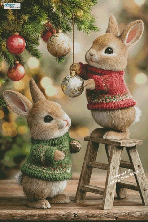 (image for) Bunnies Decorating Tree (Large) - Cross Stitch Chart @