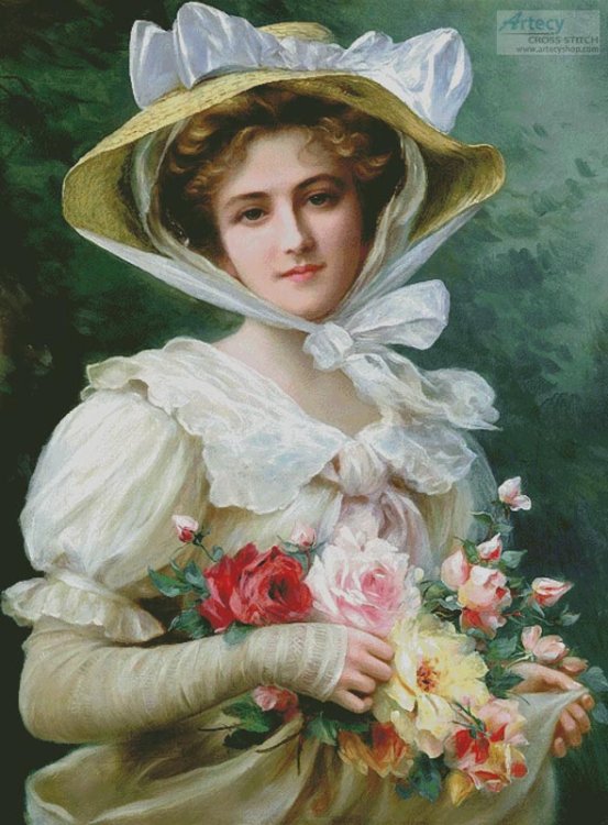 (image for) Elegant Lady with a Bouquet of Roses (Large)- Cross Stitch Chart