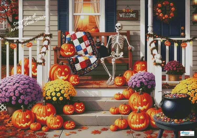 (image for) Halloween Front Porch (Large) - Cross Stitch Chart @