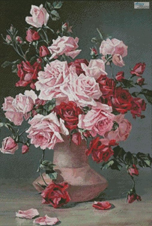 (image for) Pink Roses in a Vase 2 (Large) - Cross Stitch Chart