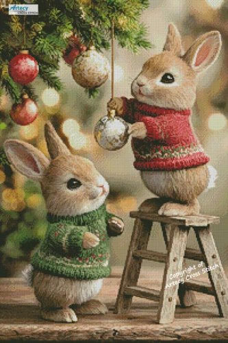 (image for) Bunnies Decorating Tree - Cross Stitch Chart @