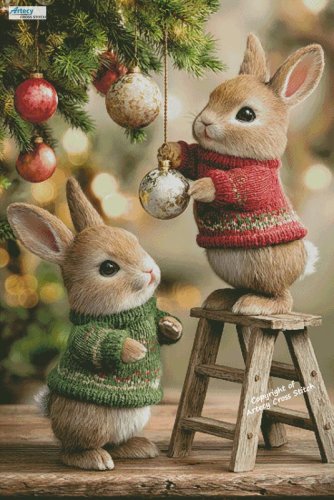 (image for) Bunnies Decorating Tree (Large) - Cross Stitch Chart @