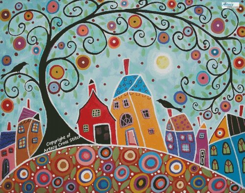 (image for) Houses, Barn, Birds and Swirl Tree (Large) - Cross Stitch Chart