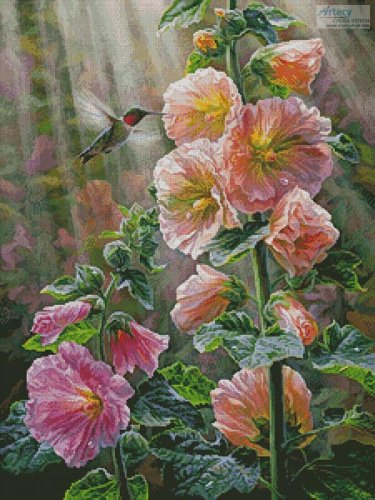 (image for) Ruby Throated Hummingbird & Hollyhocks - Cross Stitch Chart