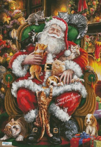 (image for) Santa with Pets (Large) - Cross Stitch Chart