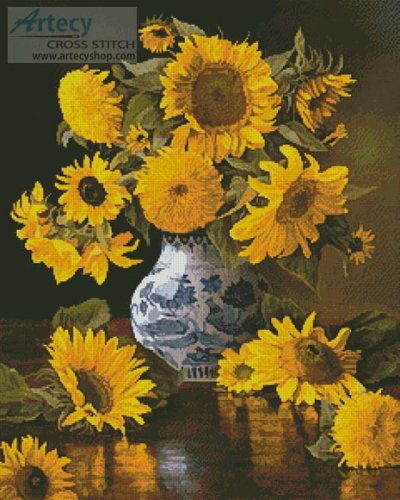 (image for) Sunflowers in a Blue and White Vase - Cross Stitch Chart