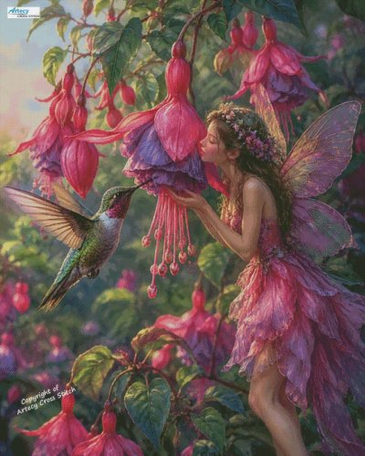 (image for) Wings Amongst the fuchsias (Large) - Cross Stitch Chart @