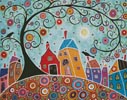 Houses, Barn, Birds and Swirl Tree (Large) - Cross Stitch Chart (image for) Houses, Barn, Birds and Swirl Tree (Large) - Cross Stitch Chart