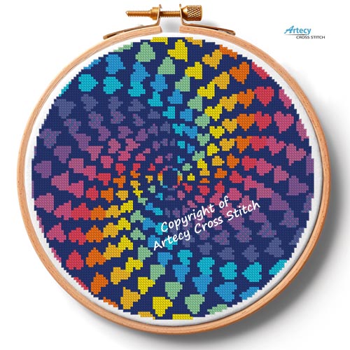 (image for) Abstract Rainbow Heart Design Hoop (Medium) - Cross Stitch Chart