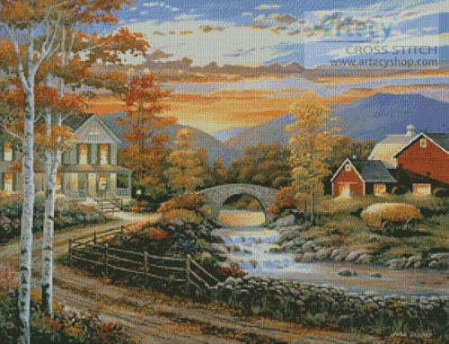 (image for) Brookside Farm at Sunset - Cross Stitch Chart