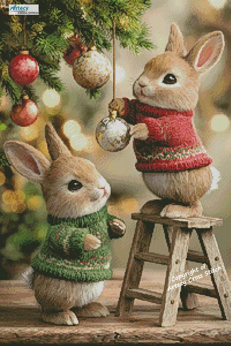 (image for) Bunnies Decorating Tree - Cross Stitch Chart @