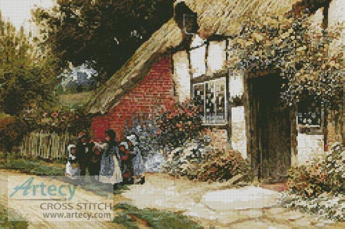 (image for) Children playing outside a cottage - Cross Stitch Chart