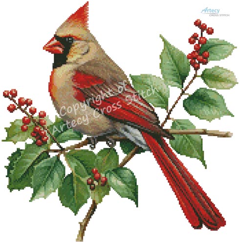 (image for) Female Cardinal and Holly - Cross Stitch Chart @
