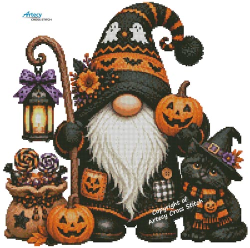 (image for) Halloween Gnome and Kitten - Cross Stitch Chart @