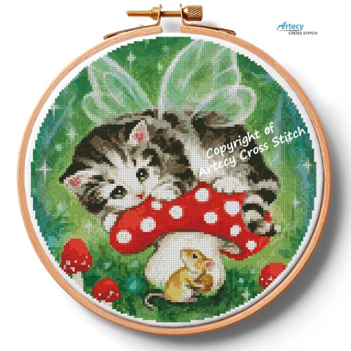 (image for) Kitten Fairy on Mushroom Hoop (Large) - Cross Stitch Chart