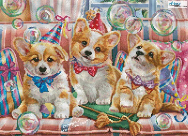 (image for) Mini Corgi Puppies at Birthday Party - Cross Stitch Chart