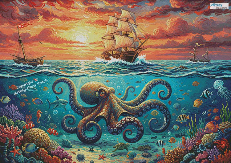 (image for) Ocean Sunset Octopus (Large) - Cross Stitch Chart @