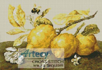 (image for) Three lemons with a bumble bee - Cross Stitch Chart