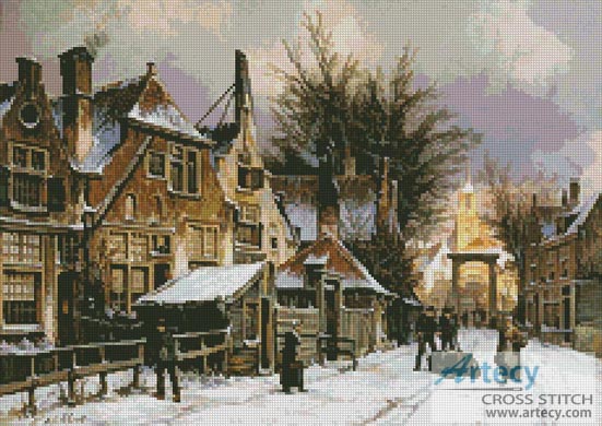 (image for) A Townview with figures on a snow covered street - Cross Stitch